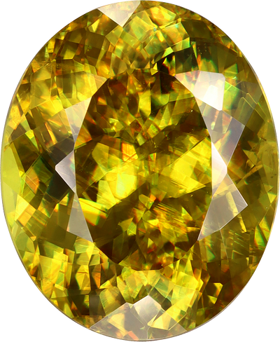 Oval cut sphene, 14.93 by 12.32 mm, shown at actual size