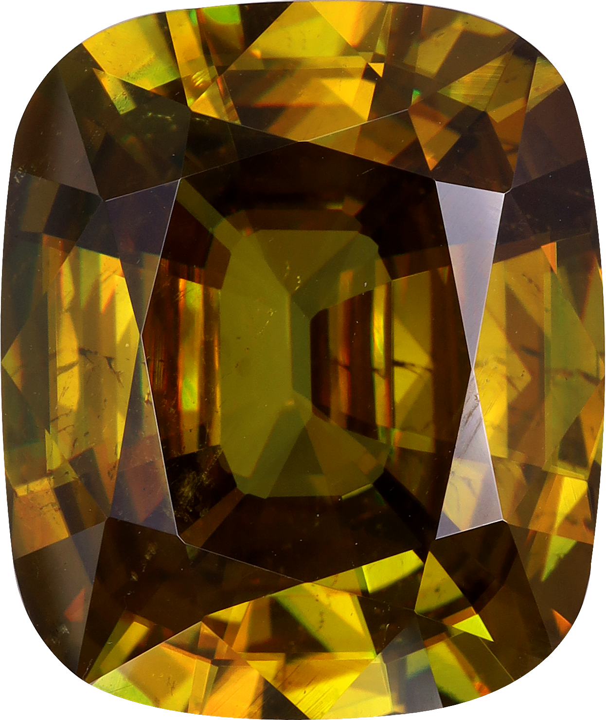 Cushion cut sphene, 15.12 by 12.7 mm, shown at actual size