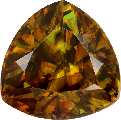Trilliant cut sphene, 7.91 by 8.13 mm, shown at actual size