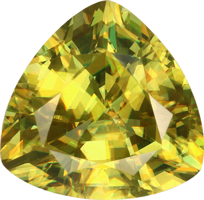 Trilliant cut sphene, 7.45 by 7.34 mm, shown at actual size
