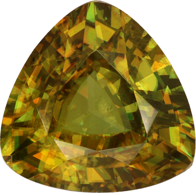 Trilliant cut sphene, 10.04 by 9.93 mm, shown at actual size