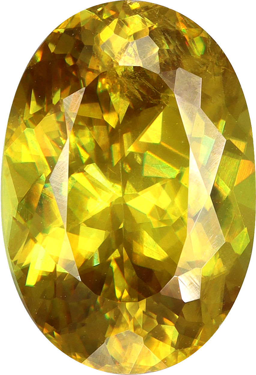 Oval cut sphene, 11.54 by 7.98 mm, shown at actual size