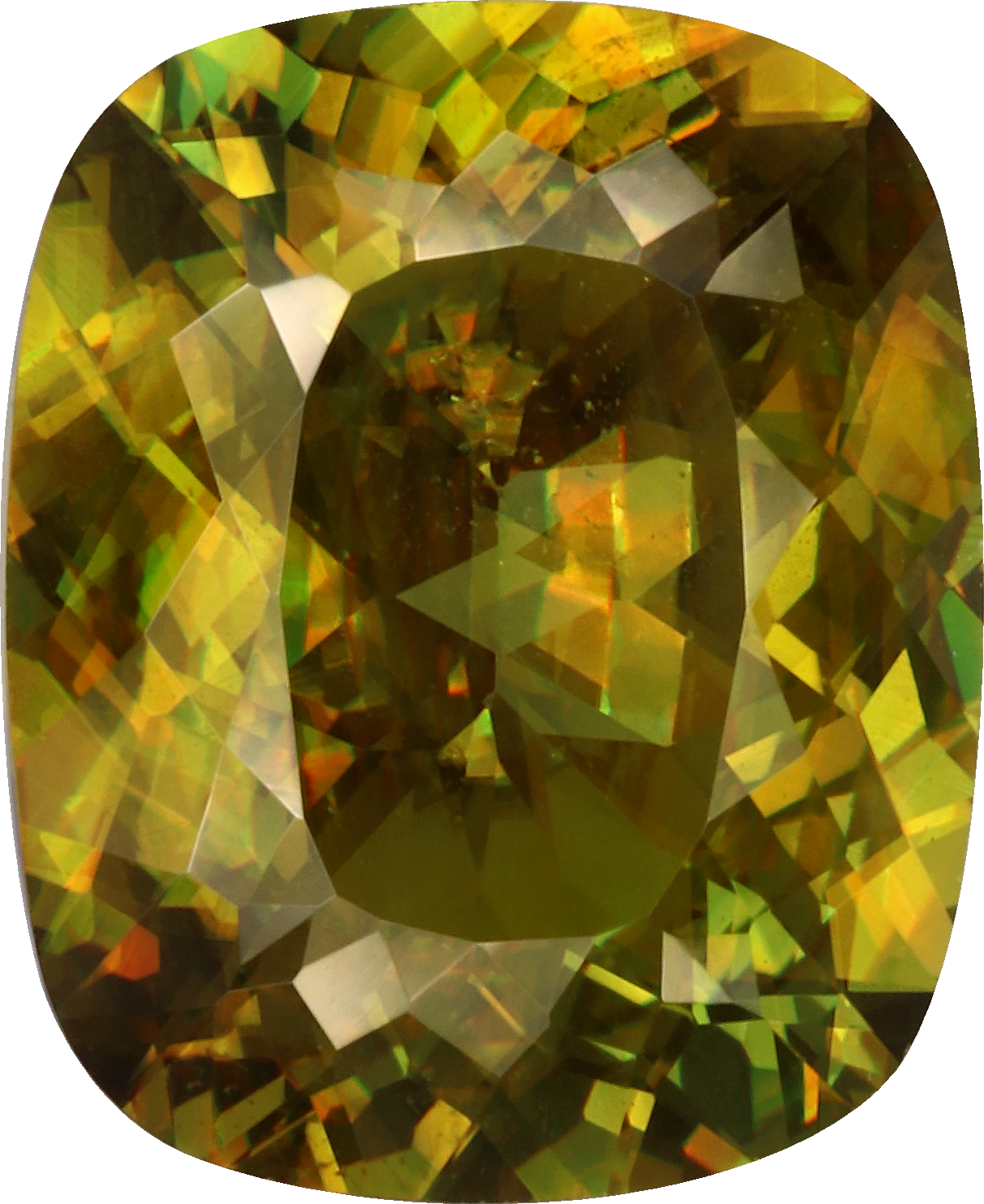 Cushion cut sphene, 11.13 by 9.07 mm, shown at actual size