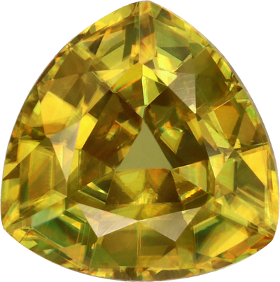 Trilliant cut sphene, 9.08 by 8.93 mm, shown at actual size