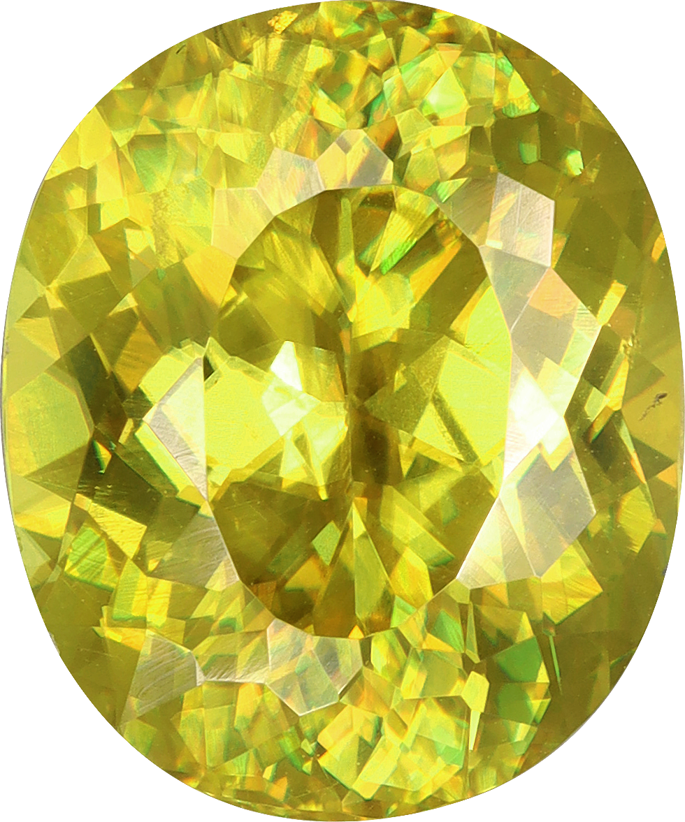 Oval cut sphene, 11.04 by 9.17 mm, shown at actual size