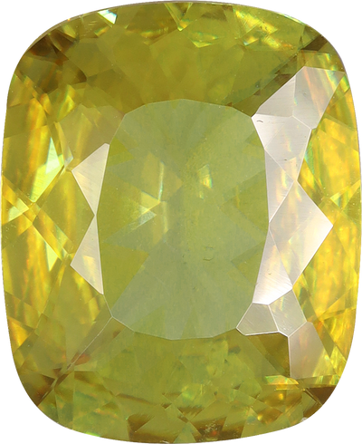 Cushion cut sphene, 11.1 by 9.05 mm, shown at actual size