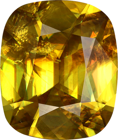 Cushion cut sphene, 15.3 by 12.89 mm, shown at actual size