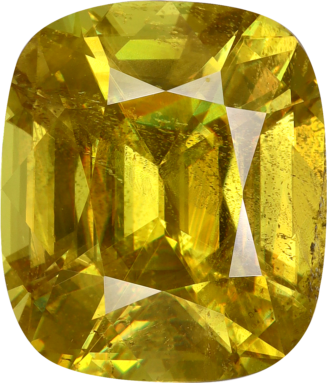 Cushion cut sphene, 14.01 by 12.08 mm, shown at actual size