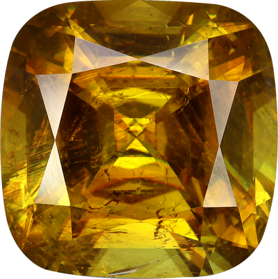 Cushion cut sphene, 12.42 by 12.42 mm, shown at actual size