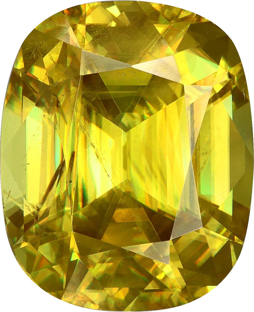 Cushion cut sphene, 14.88 by 12.09 mm, shown at actual size