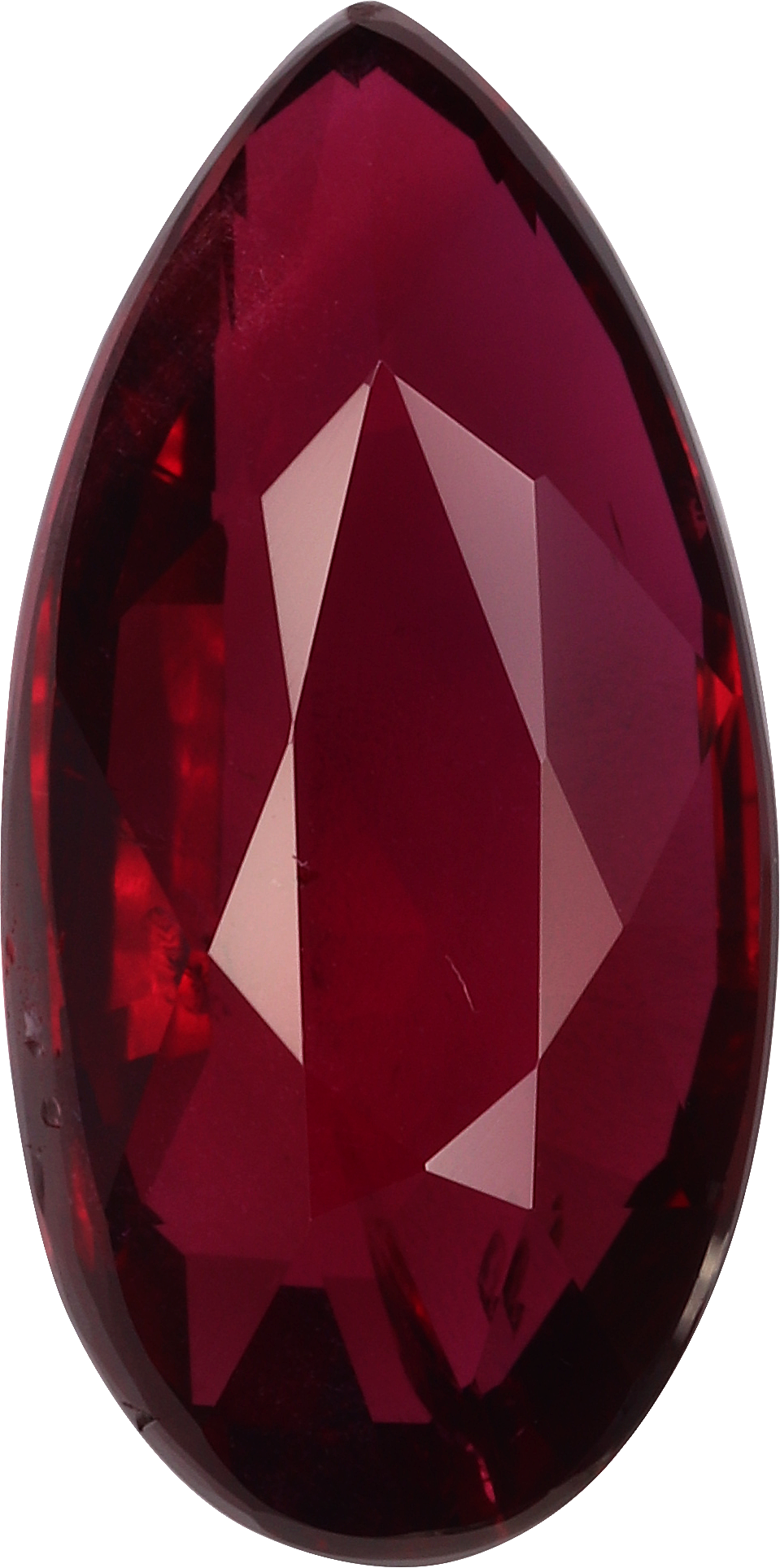 Pear cut mozambique ruby, 12.41 by 6.17 mm, shown at actual size