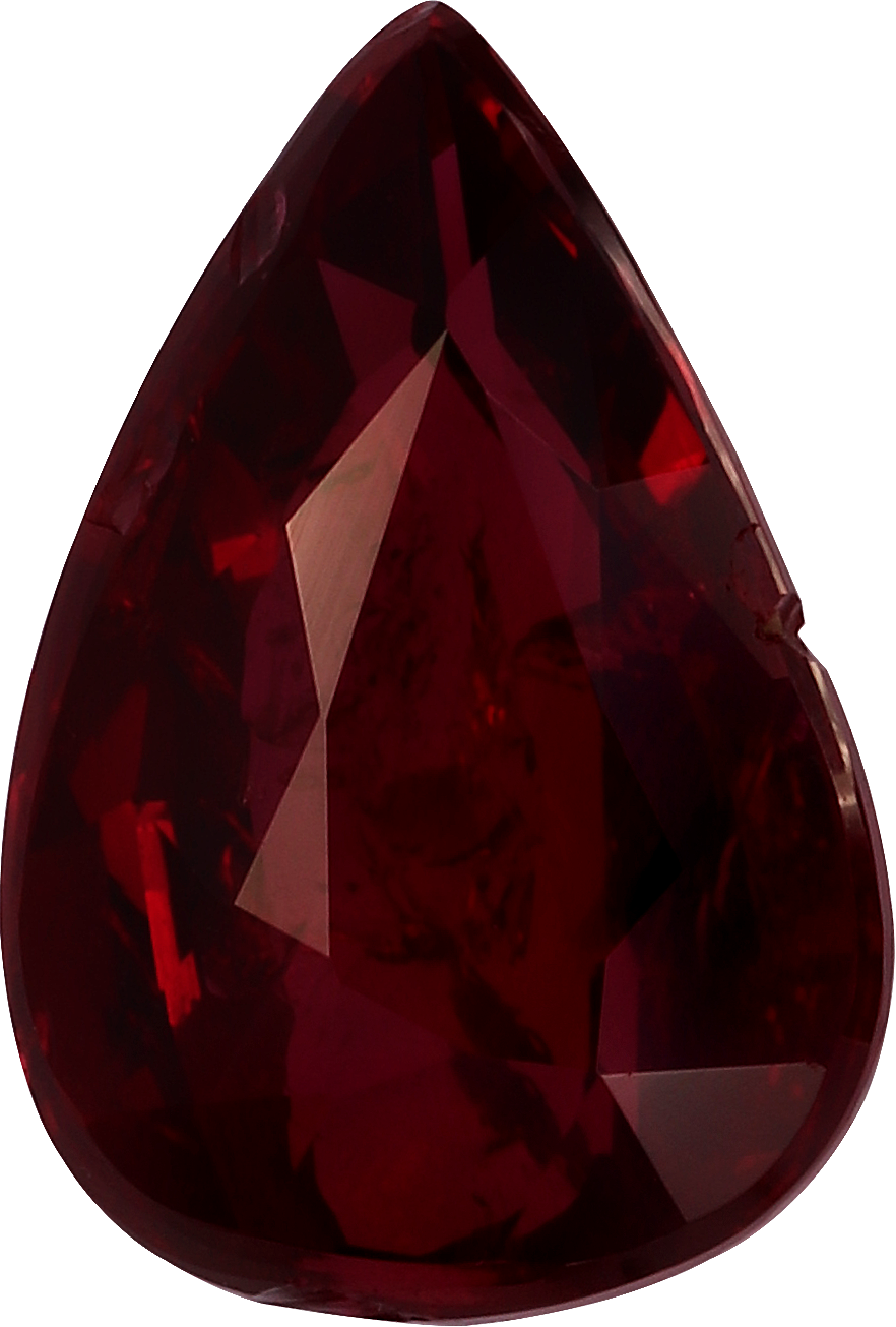 Pear cut mozambique ruby, 10.68 by 7.18 mm, shown at actual size