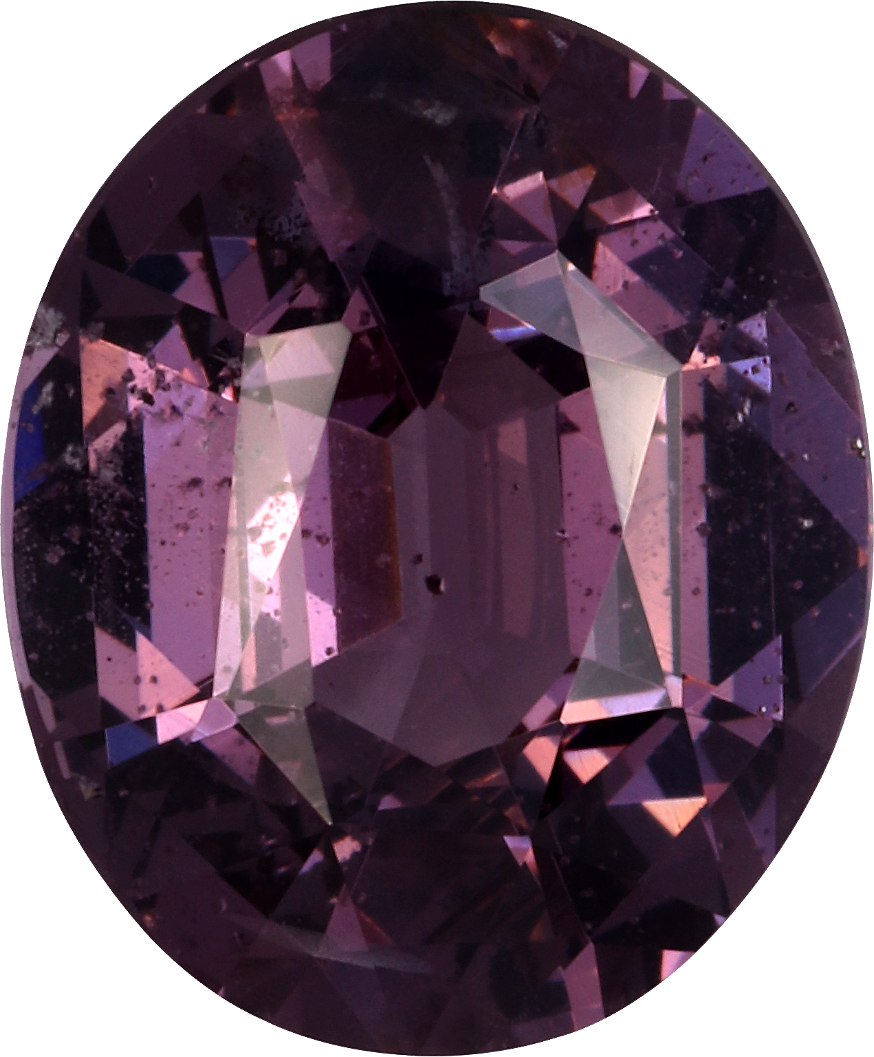 Oval cut purple spinel, 11 by 9.1 mm, shown at actual size