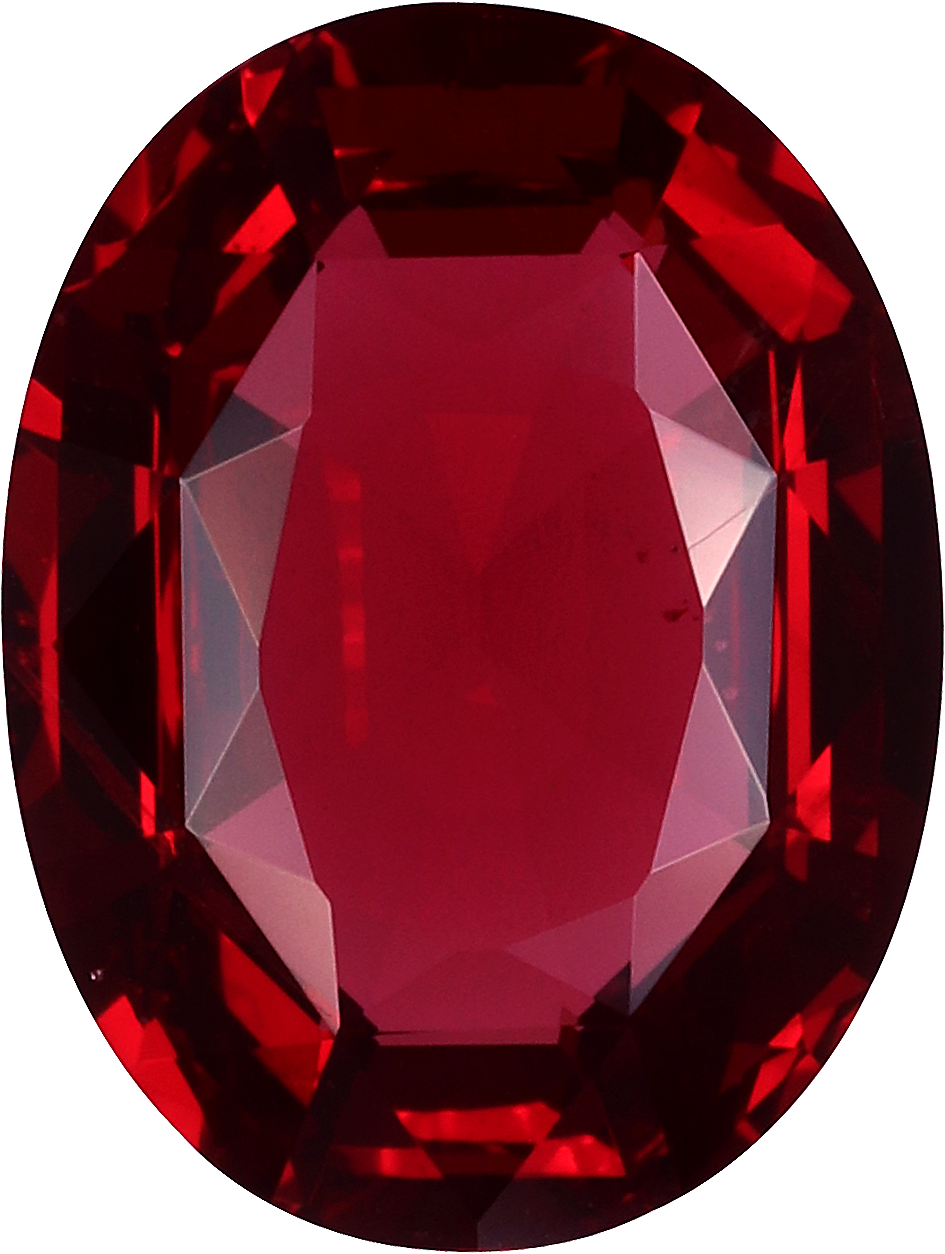 Oval cut red spinel, 11.44 by 8.66 mm, shown at actual size