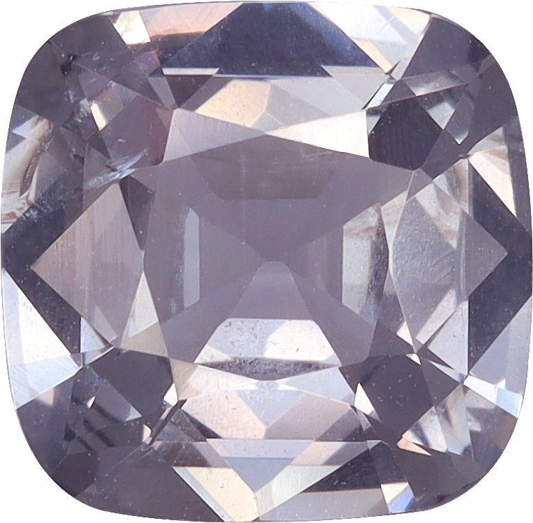 Cushion cut grey spinel, 7.51 by 7.4 mm, shown at actual size