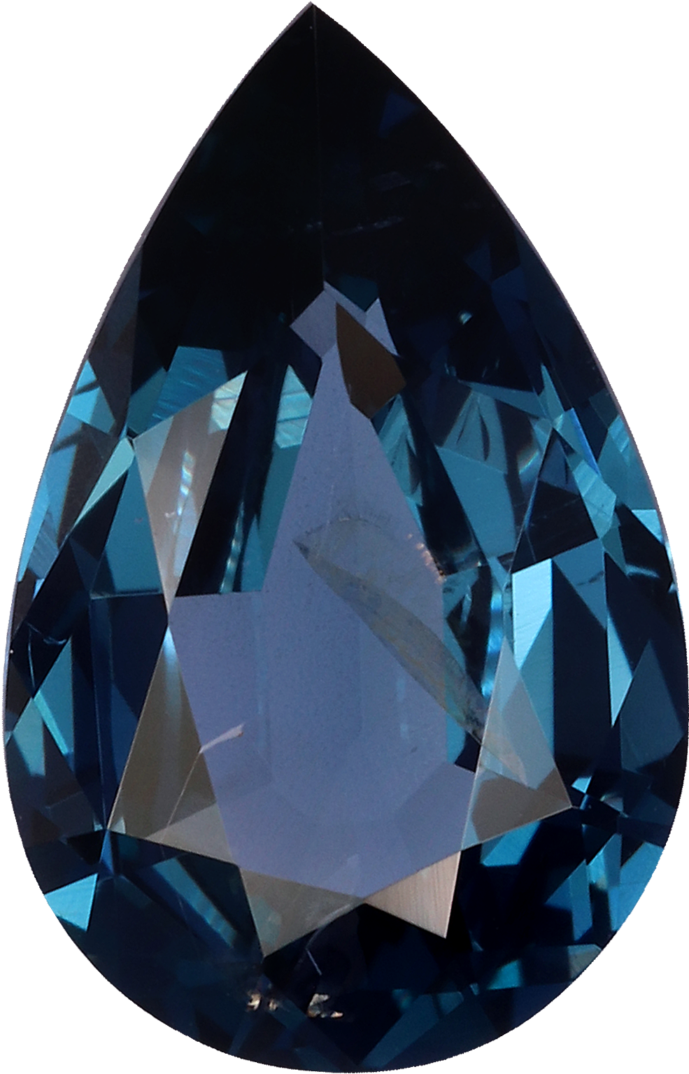Pear cut blue spinel, 10.41 by 6.61 mm, shown at actual size
