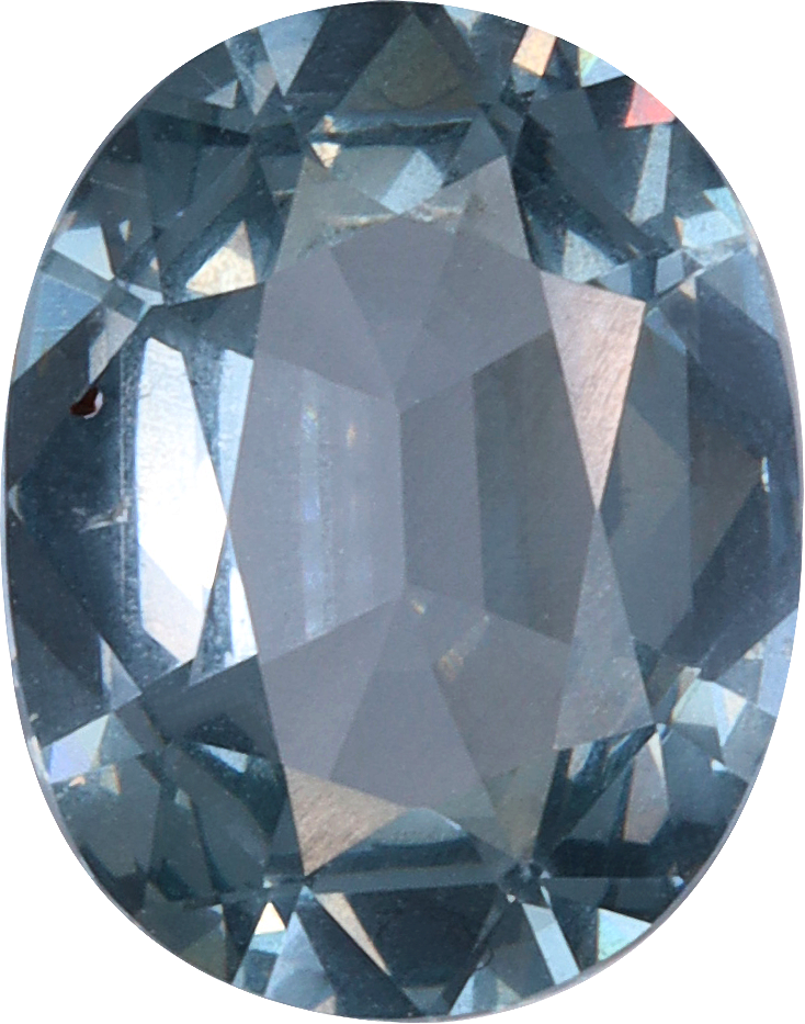 Oval cut grey spinel, 8.87 by 7.06 mm, shown at actual size