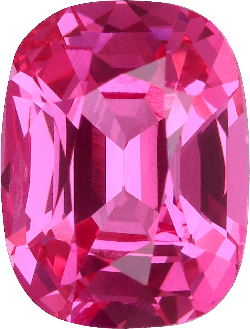Cushion cut pink spinel, 7.34 by 5.53 mm, shown at actual size