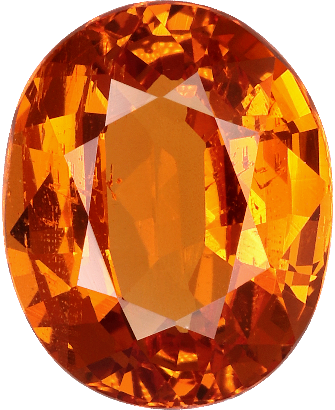 Oval cut spessartite garnet, 9.05 by 7.3 mm, shown at actual size