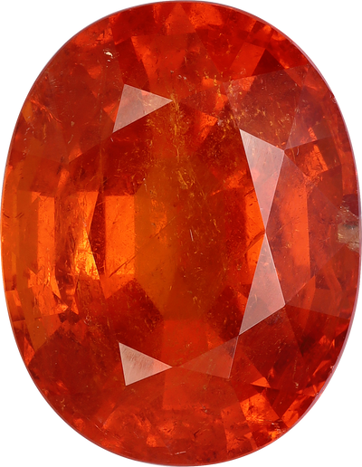 Oval cut spessartite garnet, 16.54 by 14.44 mm, shown at actual size