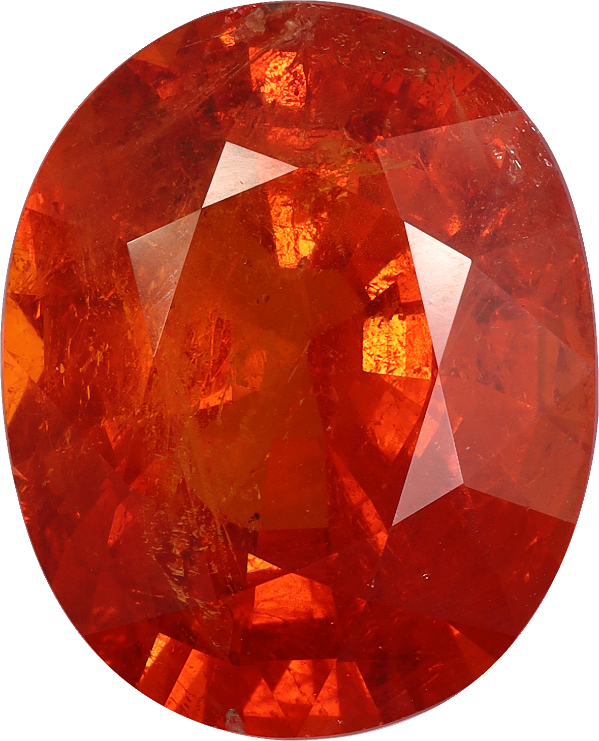 Oval cut spessartite garnet, 17.84 by 14.52 mm, shown at actual size