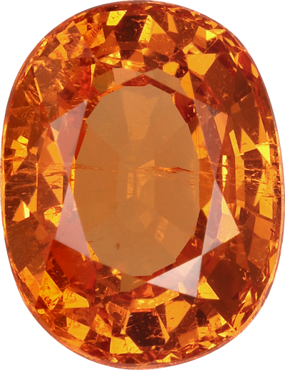 Oval cut spessartite garnet, 10.3 by 7.9 mm, shown at actual size