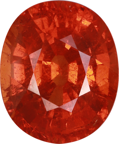 Oval cut spessartite garnet, 10.9 by 9.1 mm, shown at actual size