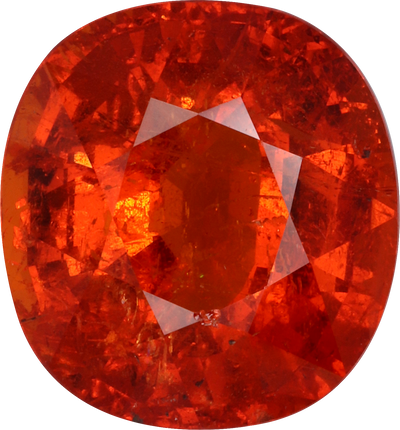 Cushion cut spessartite garnet, 12.33 by 11.47 mm, shown at actual size