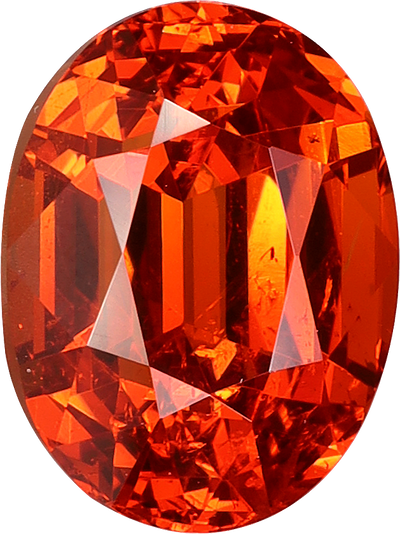 Oval cut spessartite garnet, 8.11 by 6.18 mm, shown at actual size