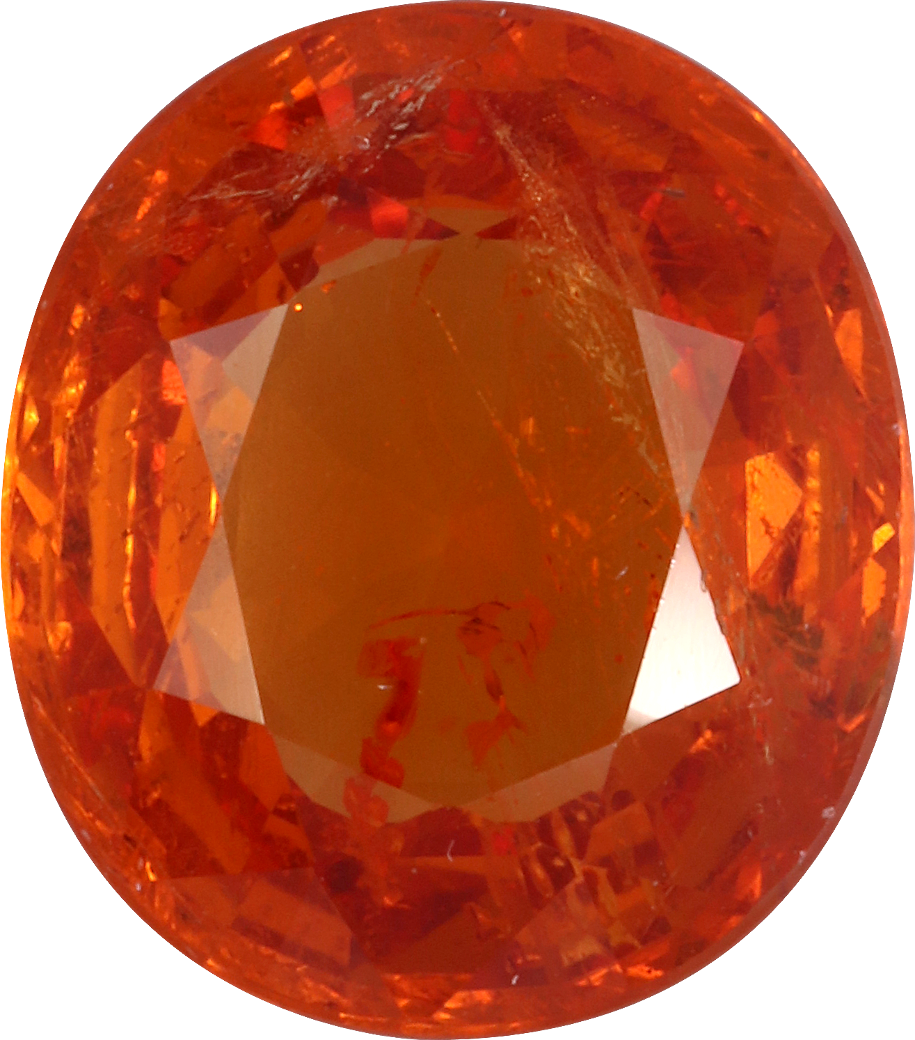 Oval cut spessartite garnet, 10.94 by 9.66 mm, shown at actual size