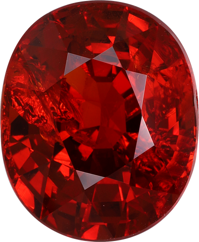 Oval cut spessartite garnet, 12.8 by 10.5 mm, shown at actual size