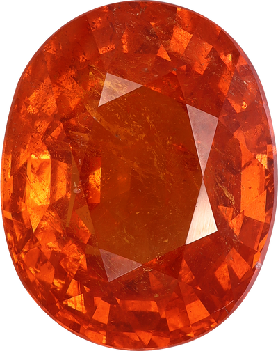 Oval cut spessartite garnet, 18 by 14.3 mm, shown at actual size