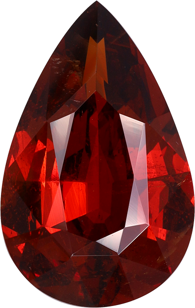 Pear cut spessartite garnet, 17.51 by 11.13 mm, shown at actual size