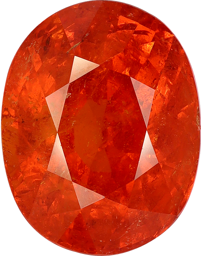 Oval cut spessartite garnet, 17 by 13.2 mm, shown at actual size