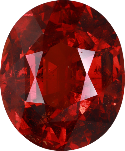 Oval cut spessartite garnet, 16.3 by 13.5 mm, shown at actual size