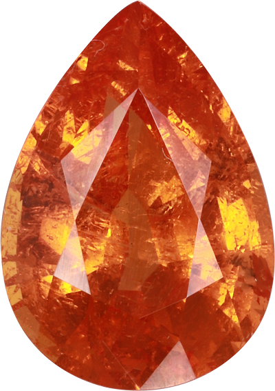 Pear cut spessartite garnet, 12.5 by 8.8 mm, shown at actual size