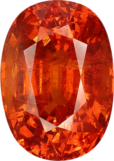 Oval cut spessartite garnet, 16.81 by 11.81 mm, shown at actual size