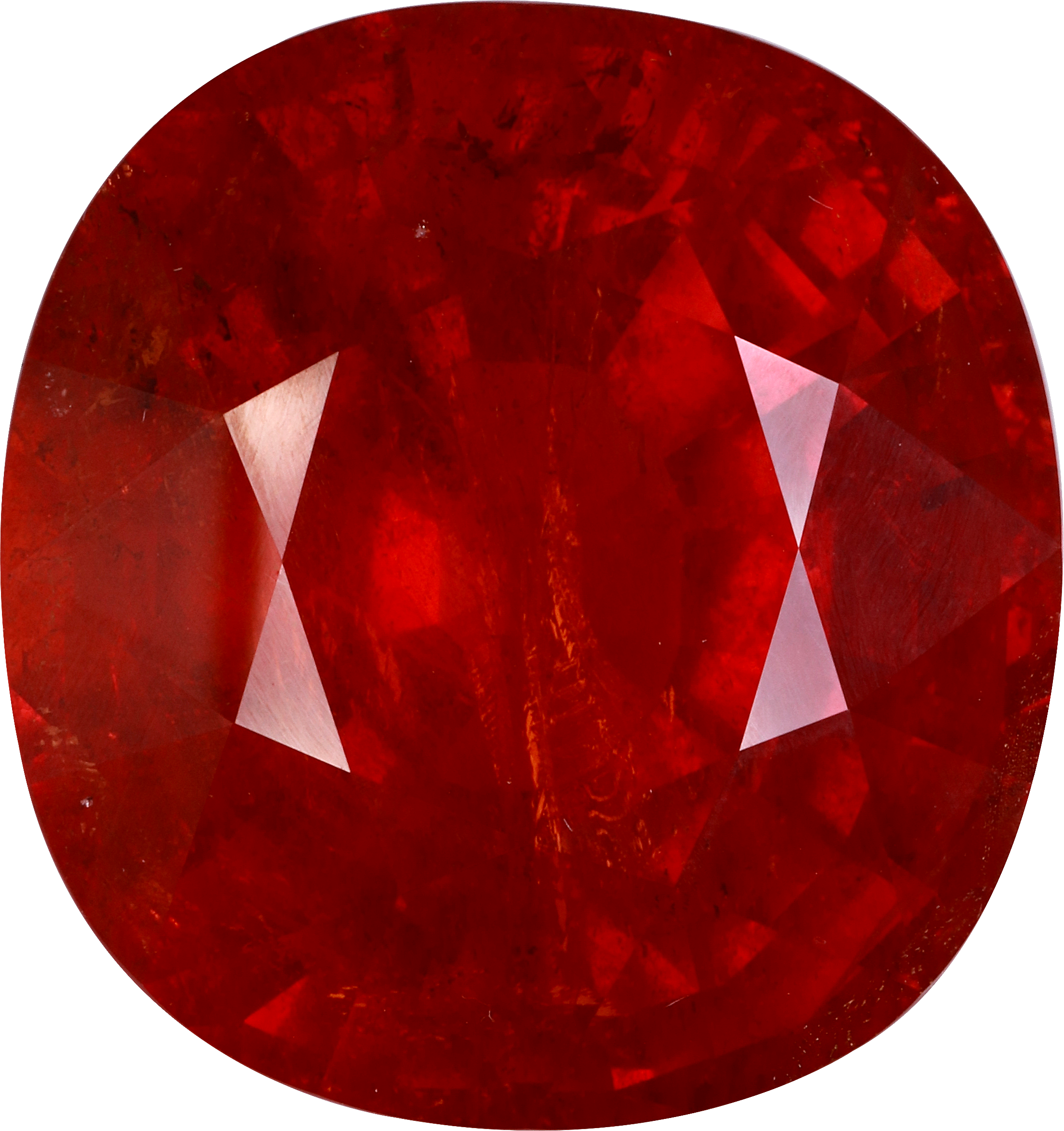 Oval cut spessartite garnet, 25.07 by 23.67 mm, shown at actual size