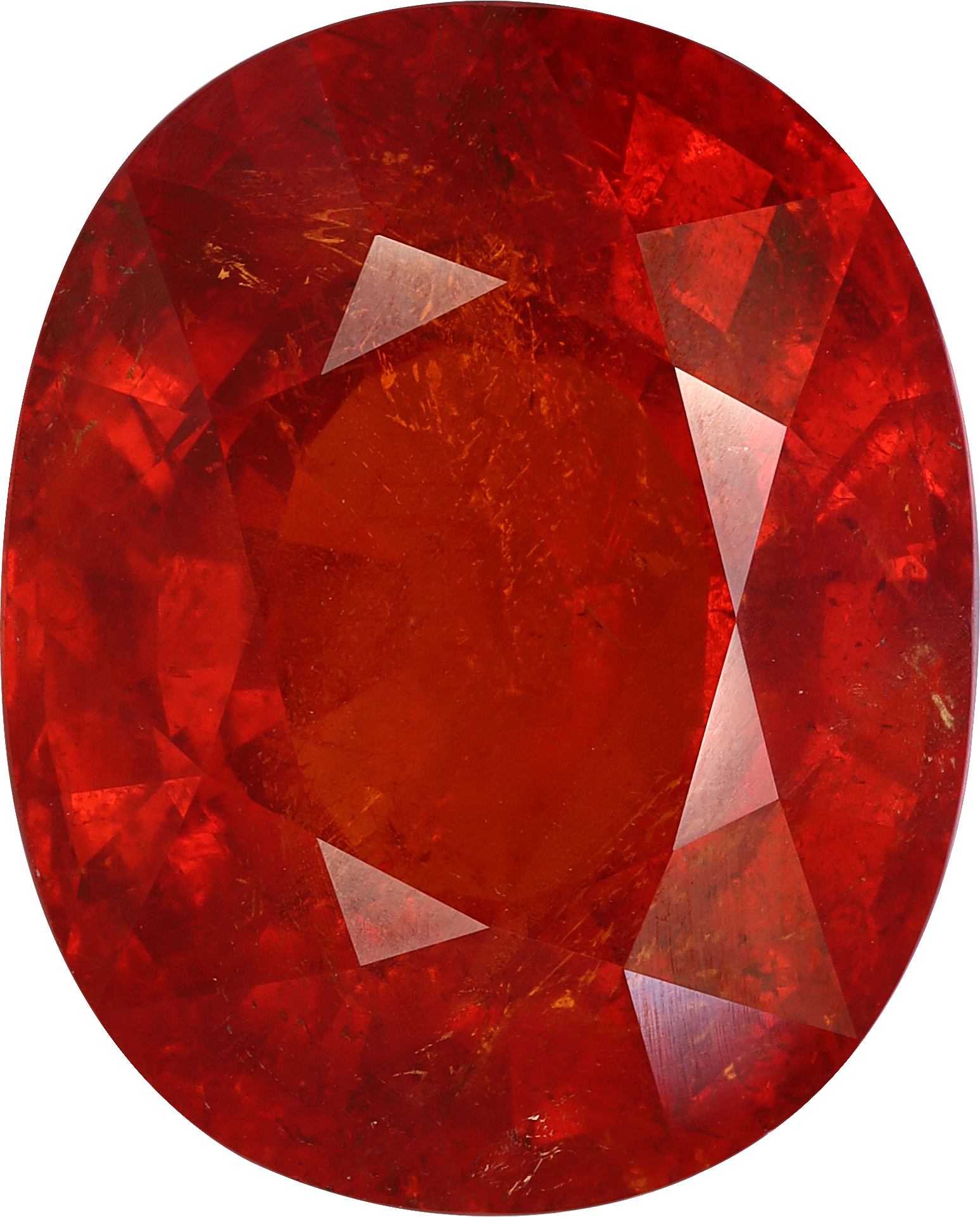 Oval cut spessartite garnet, 17.3 by 13.9 mm, shown at actual size