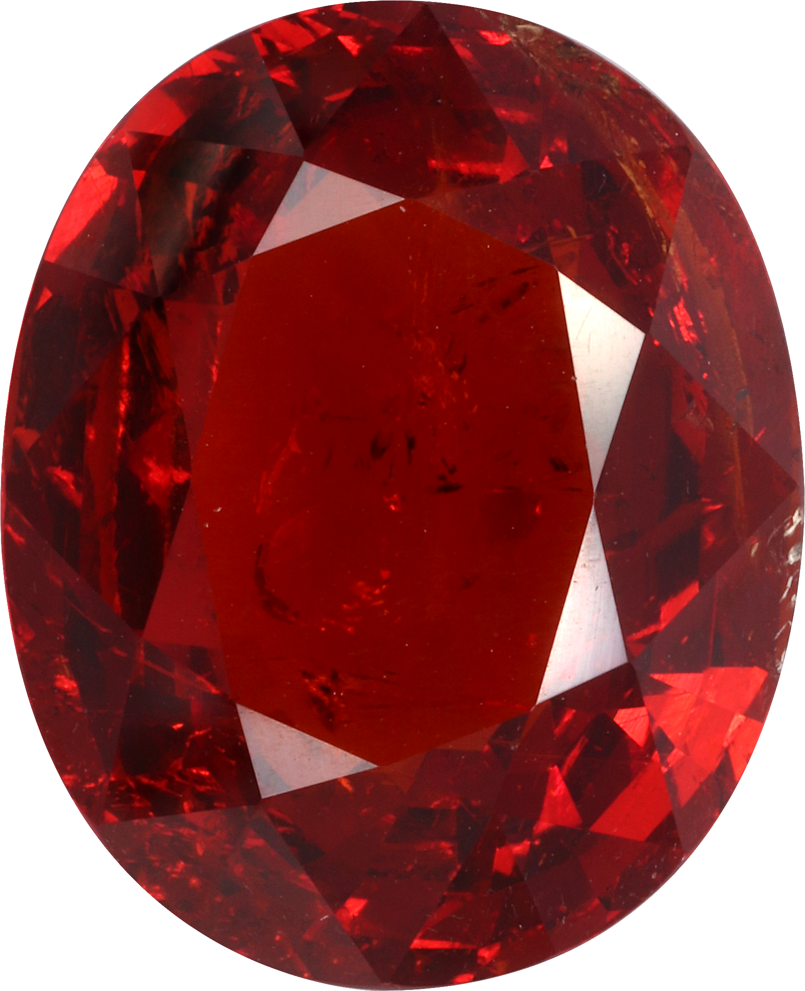 Oval cut spessartite garnet, 16.9 by 13.8 mm, shown at actual size
