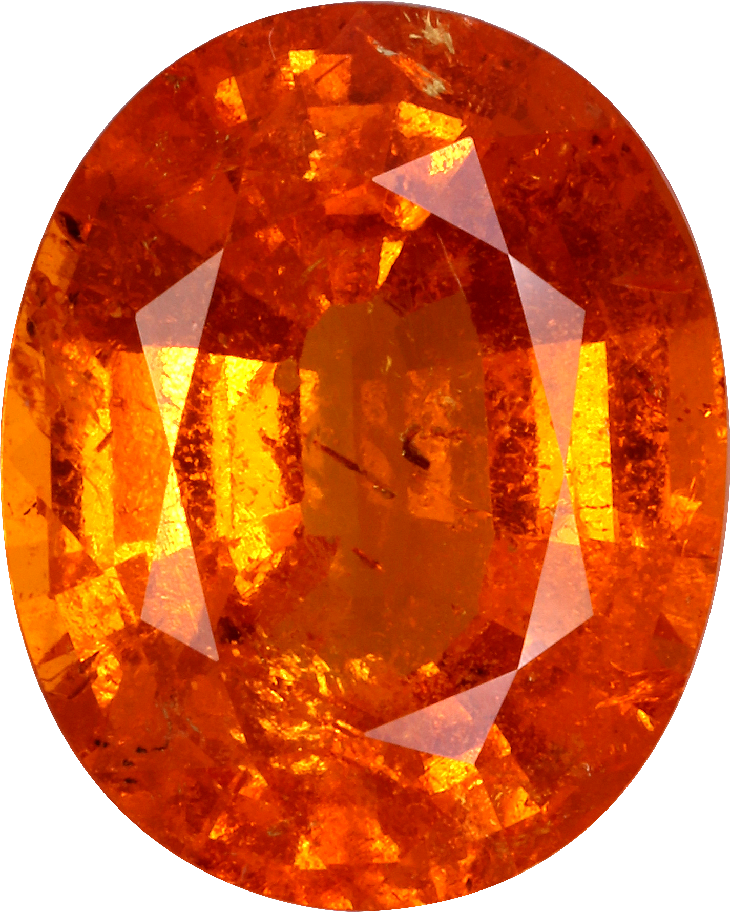Oval cut spessartite garnet, 14.9 by 12 mm, shown at actual size