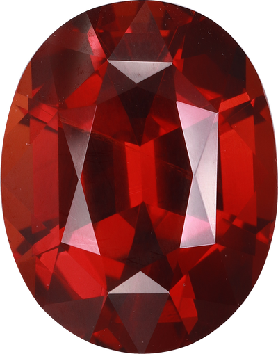 Oval cut spessartite garnet, 15.4 by 12.1 mm, shown at actual size