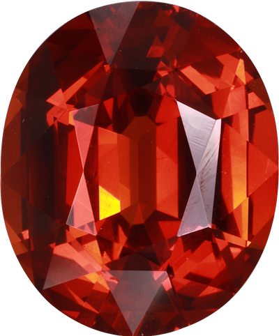 Oval cut spessartite garnet, 12 by 10 mm, shown at actual size