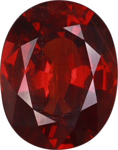 Oval cut spessartite garnet, 13.69 by 10.71 mm, shown at actual size