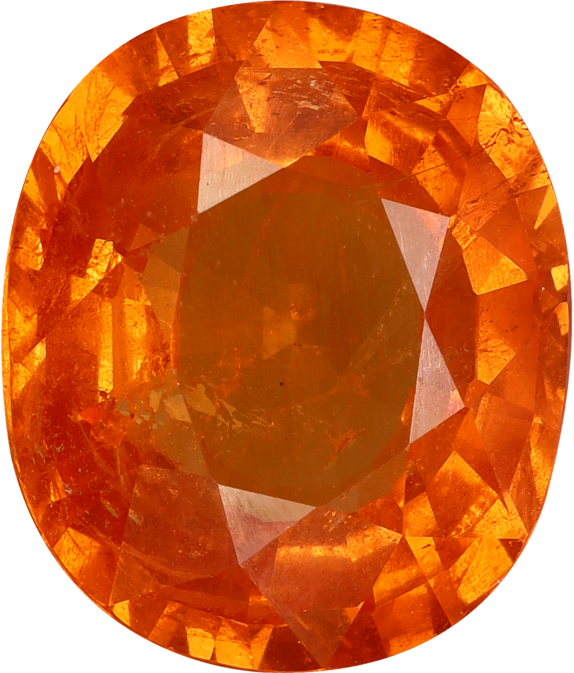 Oval cut spessartite garnet, 12 by 10.2 mm, shown at actual size