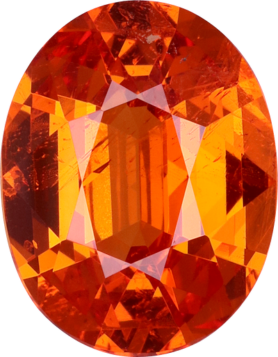 Oval cut spessartite garnet, 10.22 by 7.97 mm, shown at actual size