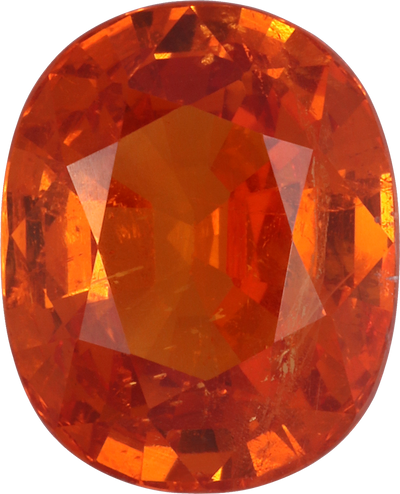 Oval cut spessartite garnet, 10.96 by 8.86 mm, shown at actual size