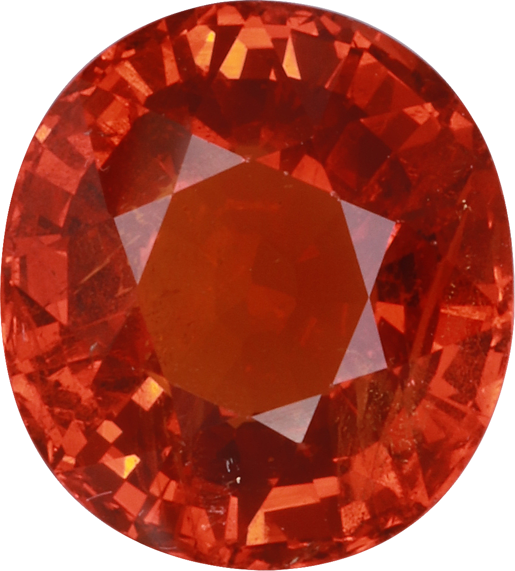 Oval cut spessartite garnet, 8.7 by 7.9 mm, shown at actual size