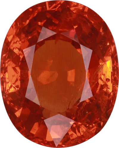 Oval cut spessartite garnet, 9.7 by 7.8 mm, shown at actual size