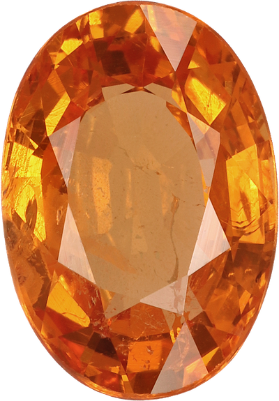 Oval cut spessartite garnet, 9.6 by 6.7 mm, shown at actual size